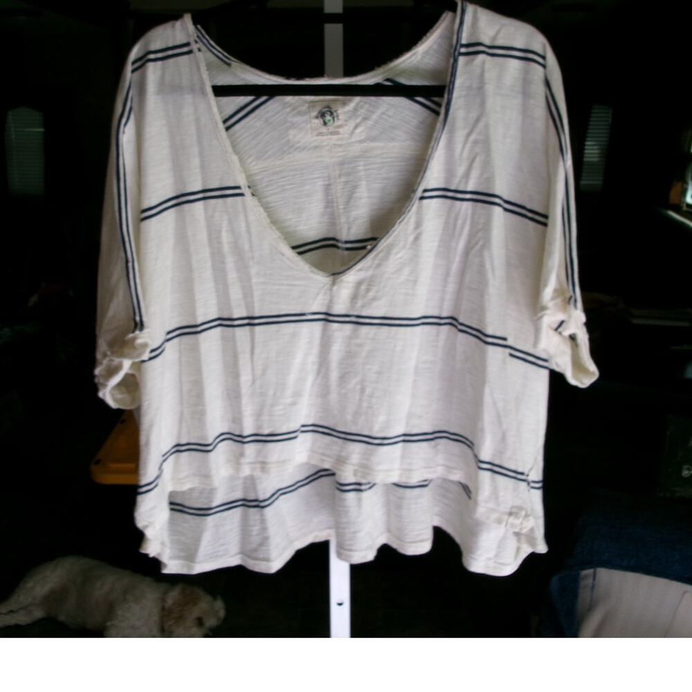 Free People We The Free Oversized Striped V Neck Top Ivory Navy S